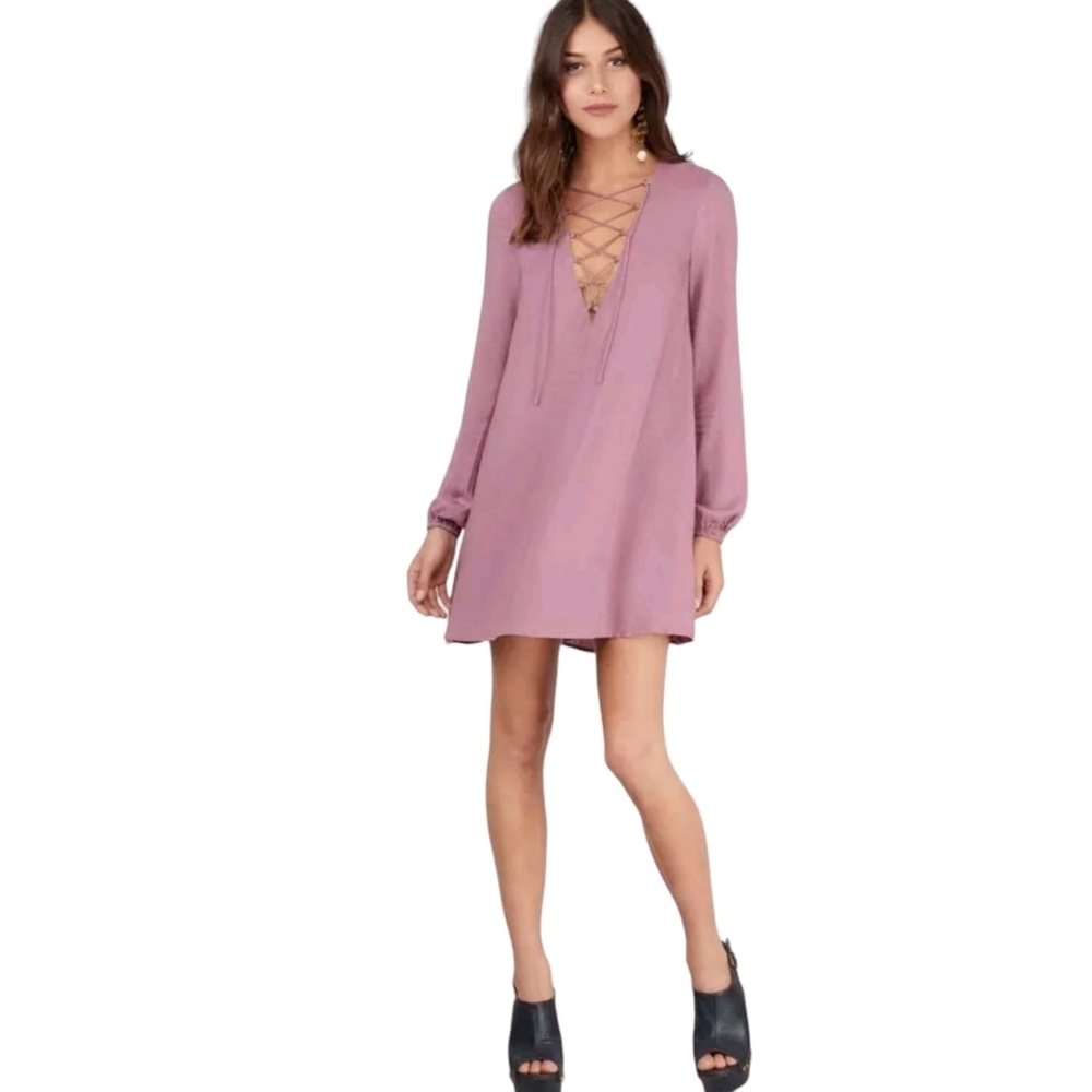 TOBI Better Off Mauve Lace Up Shift Dress Sz XS Puff Sleeve Lined Minimalist
